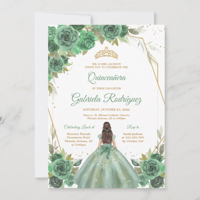 Convites Quinceanera Floral Green Gold Invitation (Frente)