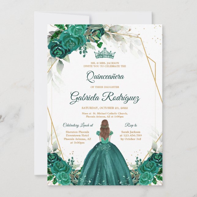 Convites Quinceanera Floral Green Gold Invitation (Frente)