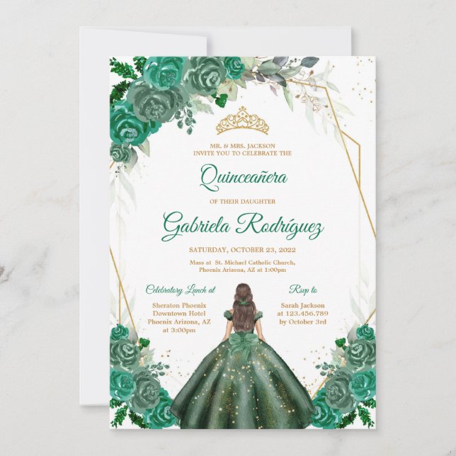Convites Quinceanera Floral Green Gold Invitation (Frente)
