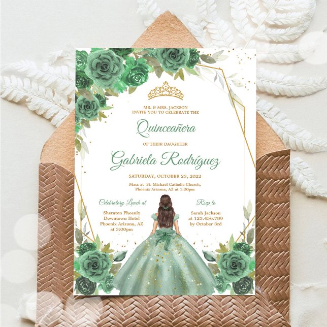 Convites Quinceanera Floral Green Gold Invitation (Criador carregado)