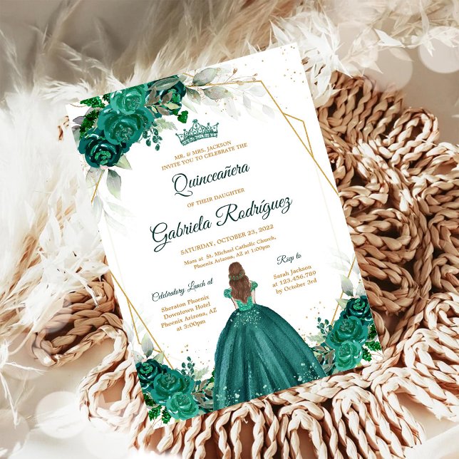 Convites Quinceanera Floral Green Gold Invitation (Criador carregado)