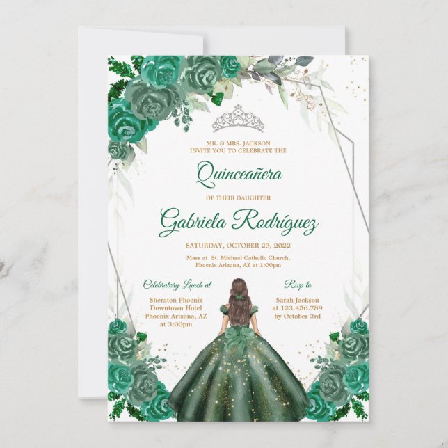 Convites Quinceanera Floral Green Silver Invitation (Frente)