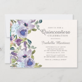 Convites Quinceañera Floral Horizontal Azul Elegante