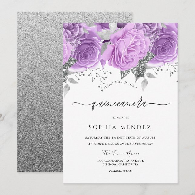 Convites Quinceanera Floral lavanda Prata Roxa (Frente/Verso)