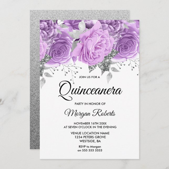Convites Quinceanera Floral lavanda Prata Roxa (Frente/Verso)