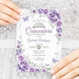 Convites Quinceanera Floral Lilás Púrpura Silver