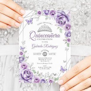 Convites Quinceanera Floral Lilás Púrpura Silver