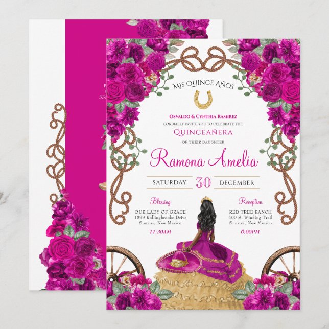 Convites Quinceañera Floral Magenta Rosa Ranhura Ocidental (Frente/Verso)