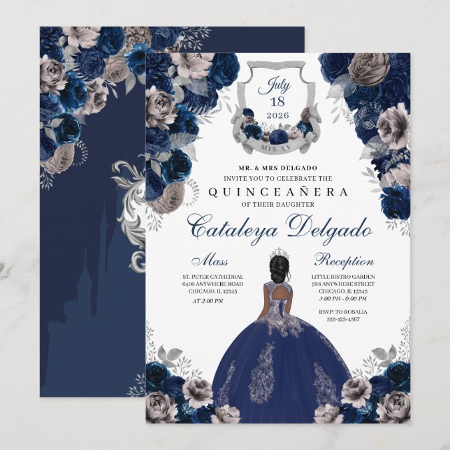 Convites Quinceañera Floral marinho Azul e Silver (Frente/Verso)