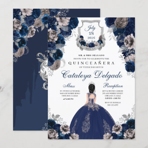 Convites Quinceañera Floral marinho Azul e Silver