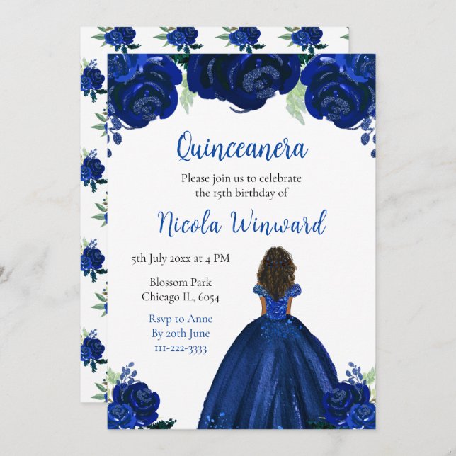 Convites Quinceanera Floral Marinho Princesa da Pele Escura (Frente/Verso)