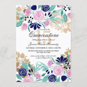 Convites Quinceañera Floral, Marinho Rosa Dourado, Quinceañ