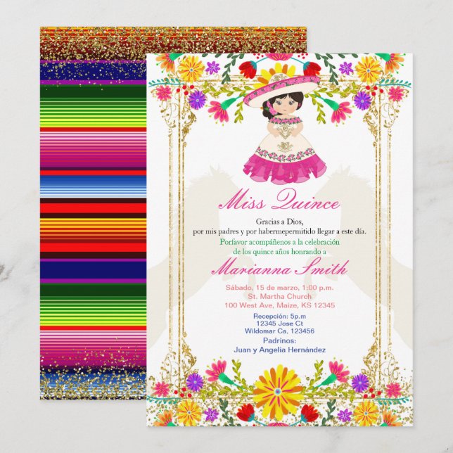 Convites Quinceañera Floral Mexicana Colorida Rosa (Frente/Verso)