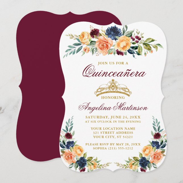 Convites Quinceanera Floral Misturada (Frente/Verso)
