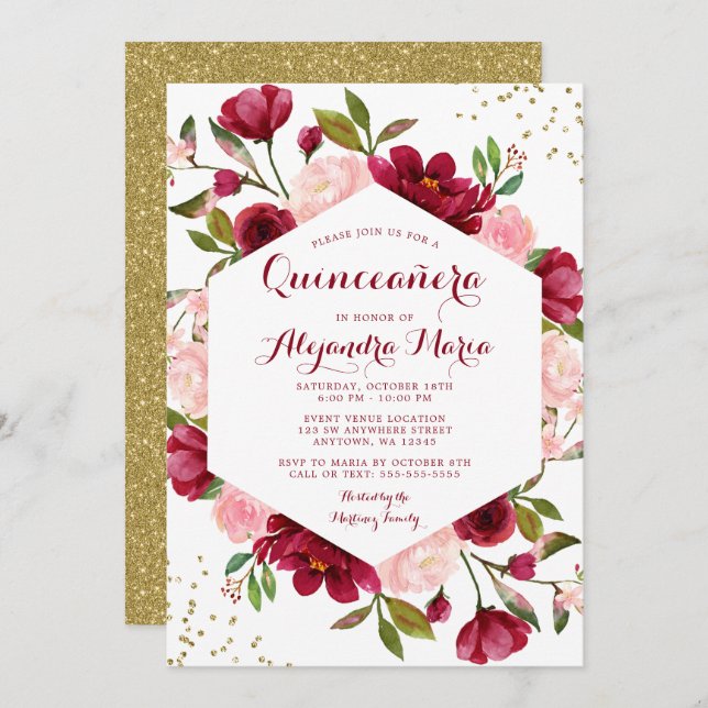 Convites Quinceanera Floral Moderna Blush Burgundy (Frente/Verso)