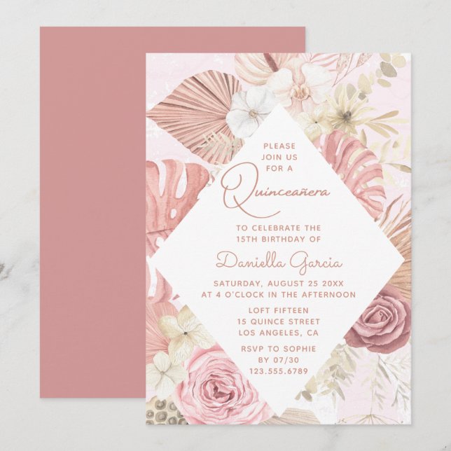 Convites Quinceañera Floral Moderna com Aquañera Rosa (Frente/Verso)