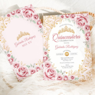 Convites Quinceanera Floral Ouro Rosa