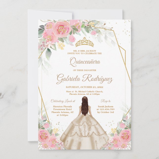Convites Quinceanera Floral Pink Gold Invitation (Frente)