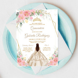 Convites Quinceanera Floral Pink Gold Invitation