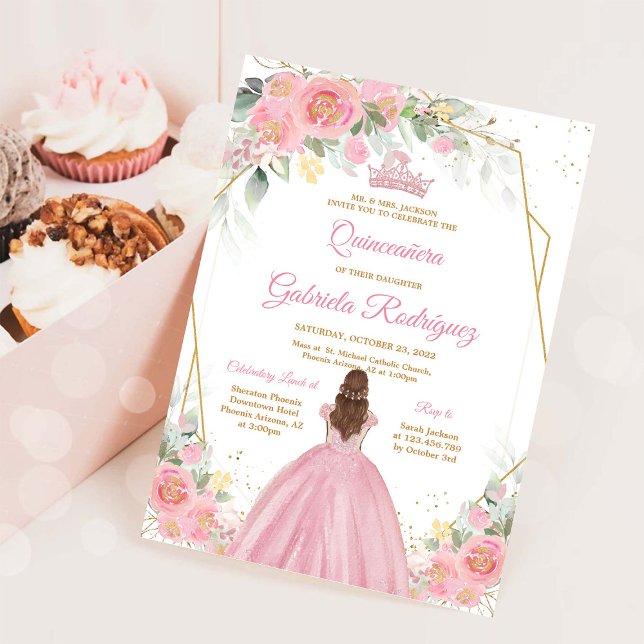 Convites Quinceanera Floral Pink Gold Invitation (Criador carregado)