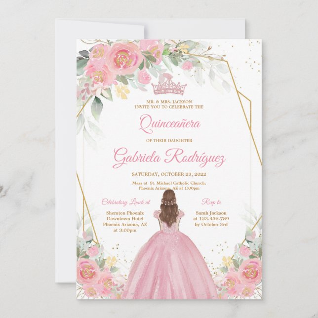 Convites Quinceanera Floral Pink Gold Invitation (Frente)