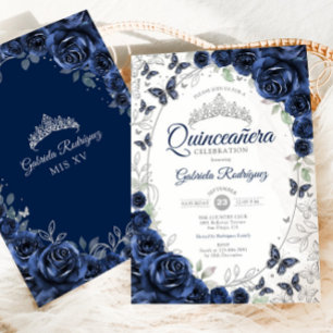 Convites Quinceanera Floral Prata Marinho