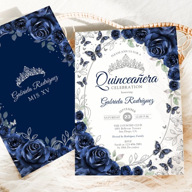 Convites Quinceanera Floral Prata Marinho (Criador carregado)