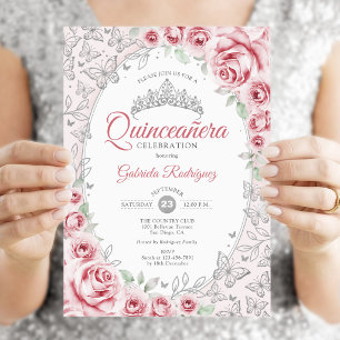 Convites Quinceanera Floral Prata Rosa
