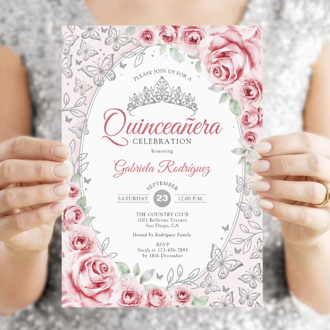 Convites Quinceanera Floral Prata Rosa (Criador carregado)