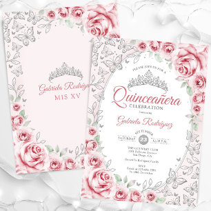 Convites Quinceanera Floral Prata Rosa