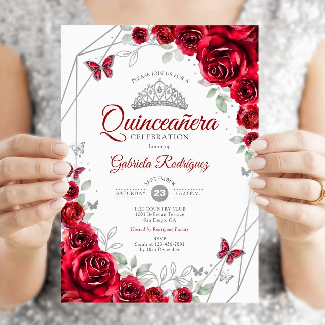 Convites Quinceanera Floral Prata Vermelha (Criador carregado)