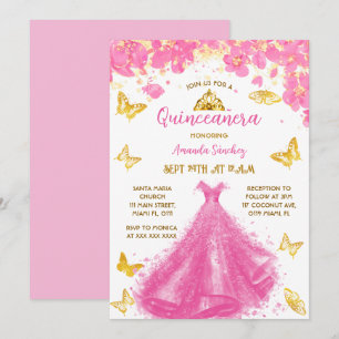 Convites Quinceanera Floral Princesa Rosa, Vestido e Tiara