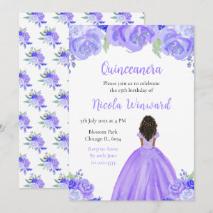 Convites Quinceanera Floral Puro, Princesa da Pele Escura