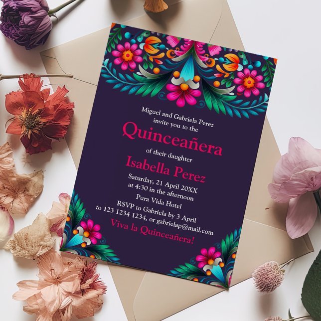 Convites Quinceanera Floral Purple Vibrant Mexicana Fiesta (Purple Vibrant Floral Quinceanera Mexican Fiesta Invitation on a table with colorful flowers.)