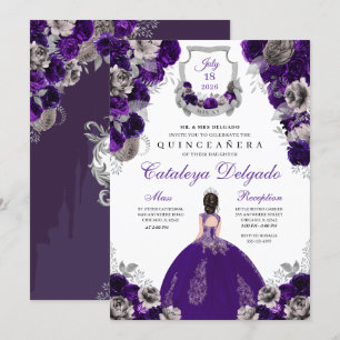 Convites Quinceañera Floral Púrpura e Silver