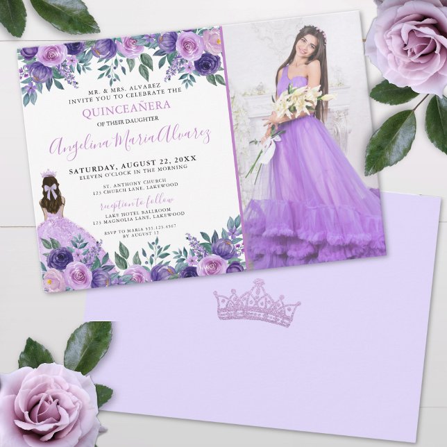 Convites Quinceanera Floral Púrpura lavanda (Lavender Photo Floral Purple Quinceanera Invitation )