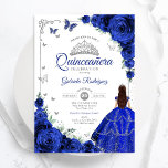 Convites Quinceanera Floral Real Azul Elegante<br><div class="desc">Convite para comemoração da Quinceanera azul, prata e branca. Possui uma morena em vestidos de capa de bola, fonte de script, borboletas prateadas, rosas azuis e tiara. Perfeito para uma elegante celebração de glam estilo princesa. Personalize com seus próprios detalhes. Impressos convites Zazzle ou modelo de impressão digital instantânea para...</div>