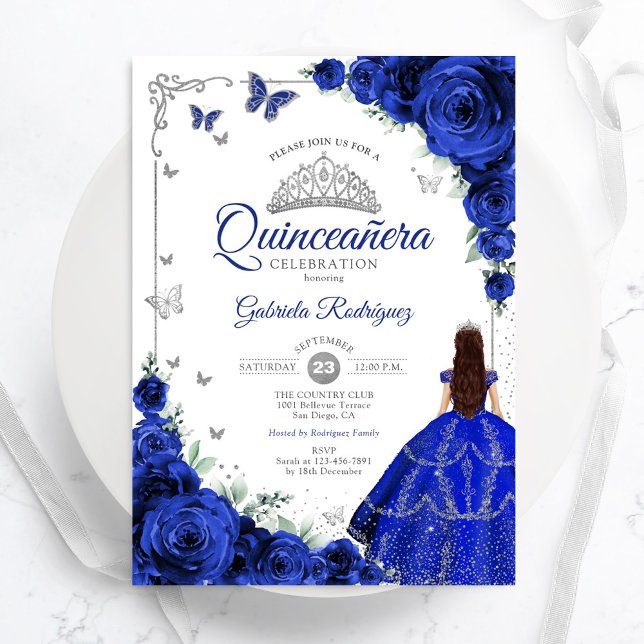 Convites Quinceanera Floral Real Azul Elegante (Criador carregado)