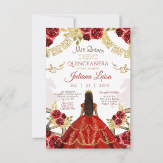 Convites Quinceañera Floral Red Dourado Cavalos Charra