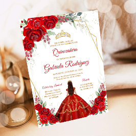 Convites Quinceanera Floral Red Gold Invitation