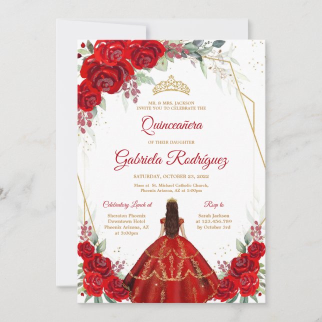 Convites Quinceanera Floral Red Gold Invitation (Frente)