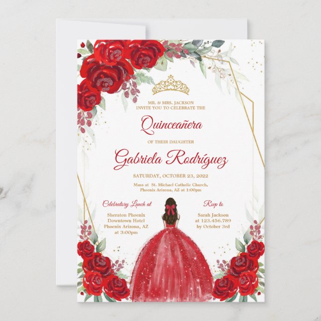 Convites Quinceanera Floral Red Rose Gold Invitation (Frente)