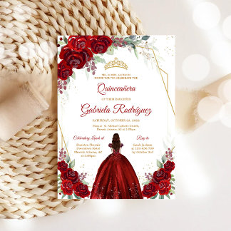 Convites Quinceanera Floral Red Rose Gold Invitation