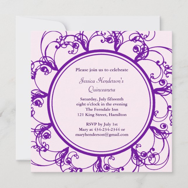 Convites Quinceanera Floral rico Invite (roxo) (Frente)