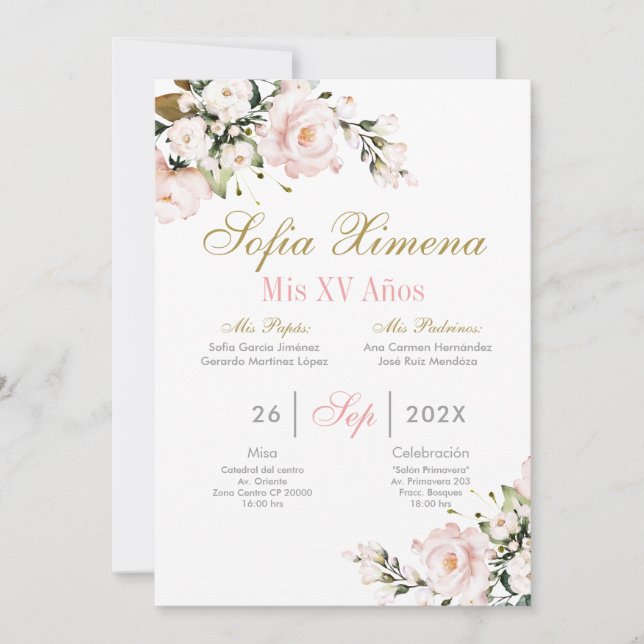 Convites Quinceanera Floral Rosa (Frente)