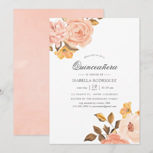 Convites Quinceañera Floral Rosa Bege e Dourado em Aquarela