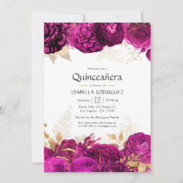 Convites Quinceañera Floral Rosa Choque e Dourado