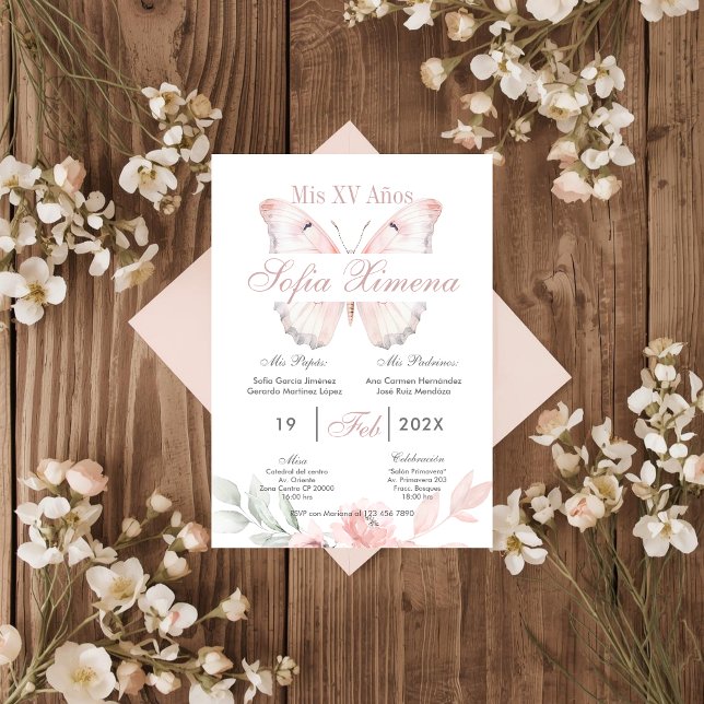 Convites Quinceañera Floral Rosa com Borboletas (Criador carregado)