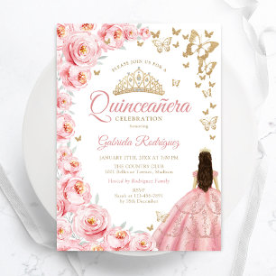 Convites Quinceanera Floral Rosa Dourada