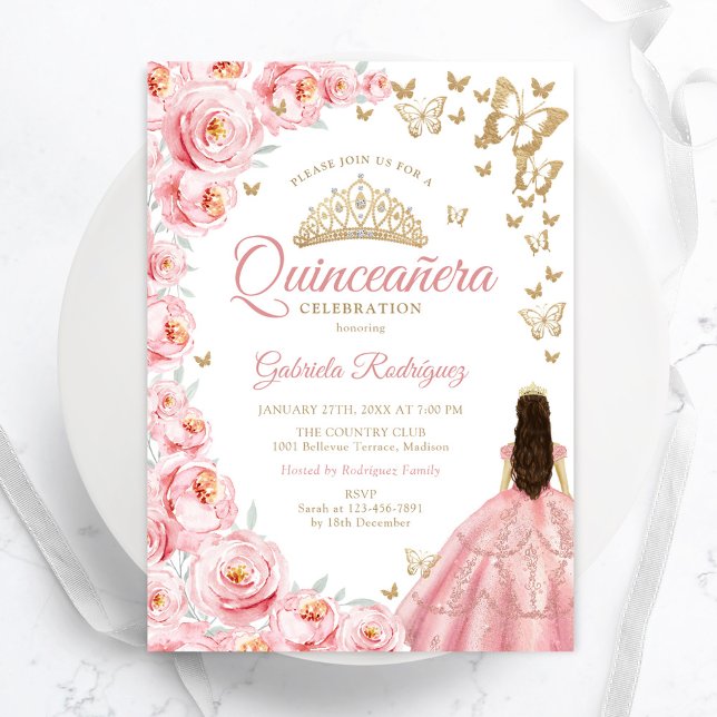 Convites Quinceanera Floral Rosa Dourada (Criador carregado)